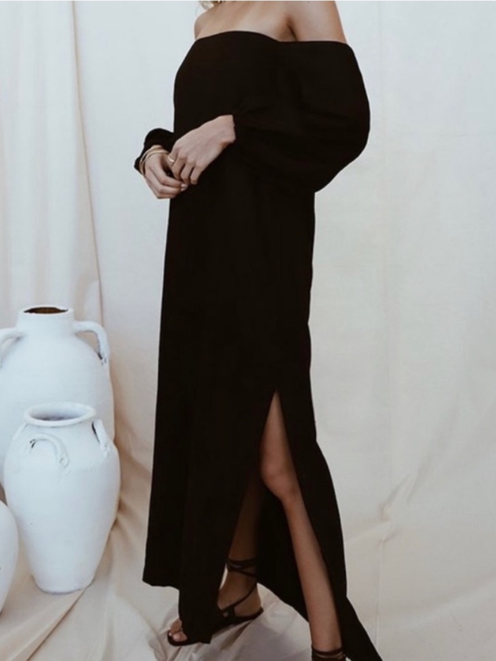Maurie + Eve Acme Midi Maxi Dress Off Shoulder 100% Linen Black 10 US 4